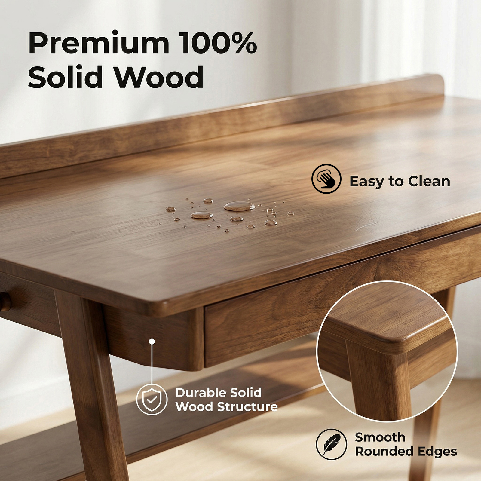 Hommoo Mid-Century Modern Solid Wood Writing Desk with 2 Drawers, Open Shelf & Side Hooks, Home Office Desk for Small Spaces, Study, Bedroom or Living Room, Walnut