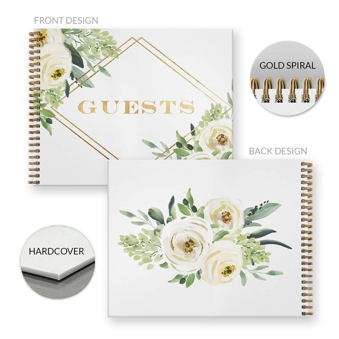 White Floral Wedding Hardcover Guestbook / 120 Lined Guest Signature Pages Inside / 11" x 8.5" Landscape Lay Flat Wedding Guest Book / Gold Metal Spiral Binding