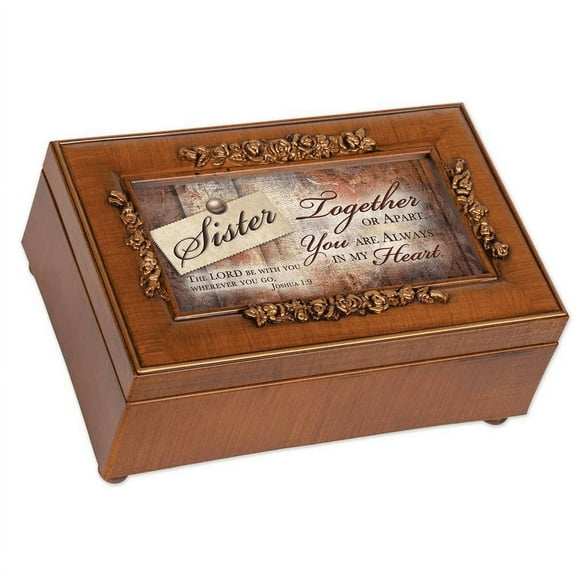 Cottage Garden Sister Rich Walnut Finish Petite Jewelry Music Box Plays Amazing Grace