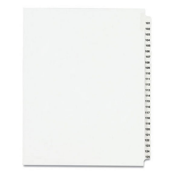2Pc Avery Preprinted Legal Exhibit Side Tab Index Dividers, Avery Style, 25-Tab, 101 To 125, 11 X 8.5, White, 1 Set, (1334)