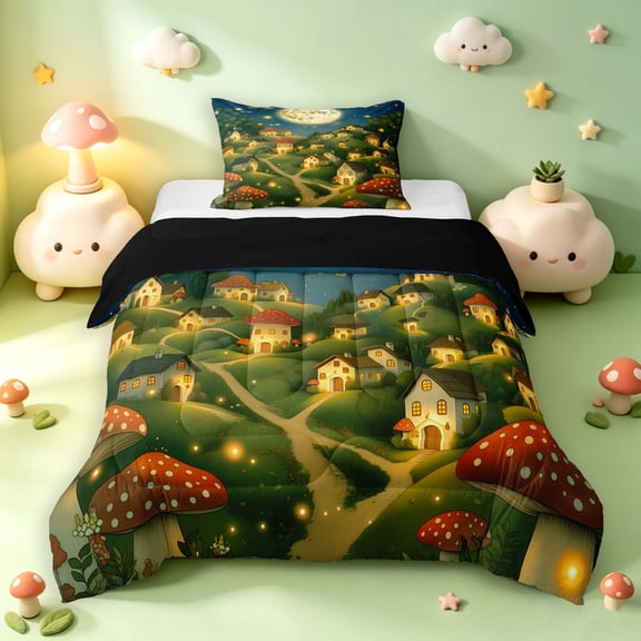 Homewish Mushrooms Moon Landscape Twin Comforter Sets,Fungus Plant Bedding Set,Green Yellow,Black Reversible,2-Piece,1 Comforter and 1 Pillowcase
