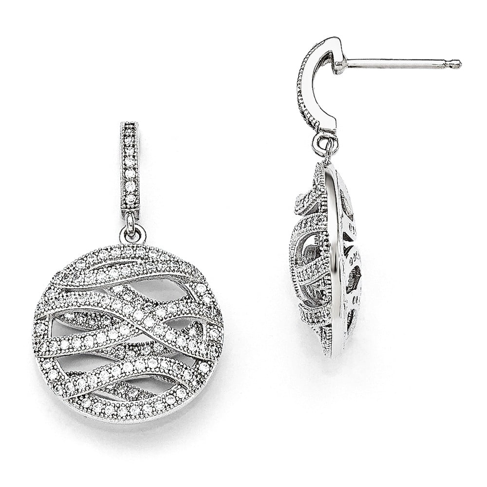 925 Sterling Silver Rhodium-plated CZ Circle Dangle Post Earrings