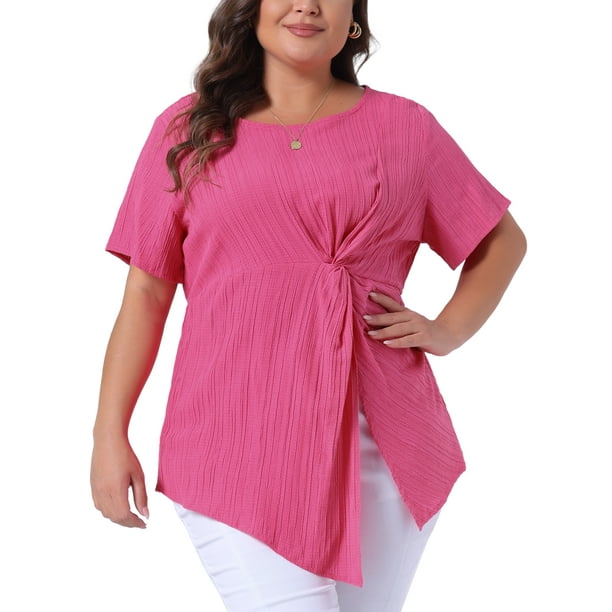 GRACE & GRANDEUR Blusas Talla Grande para Mujeres con Dobladillo Asimétrico, Cuello Redondo, Manga Corta, Camiseta con Nudo Torcido 2X Rosa Rojo