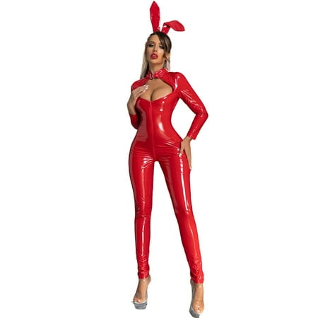 Midwennn Ladies Plus Size High Elastic Bright Leather PU Bright Oil Bright Leather Nightclub Zipper Long Sleeve Tights Lingerie Animal Print for Women Lingerie for Women Nightwear