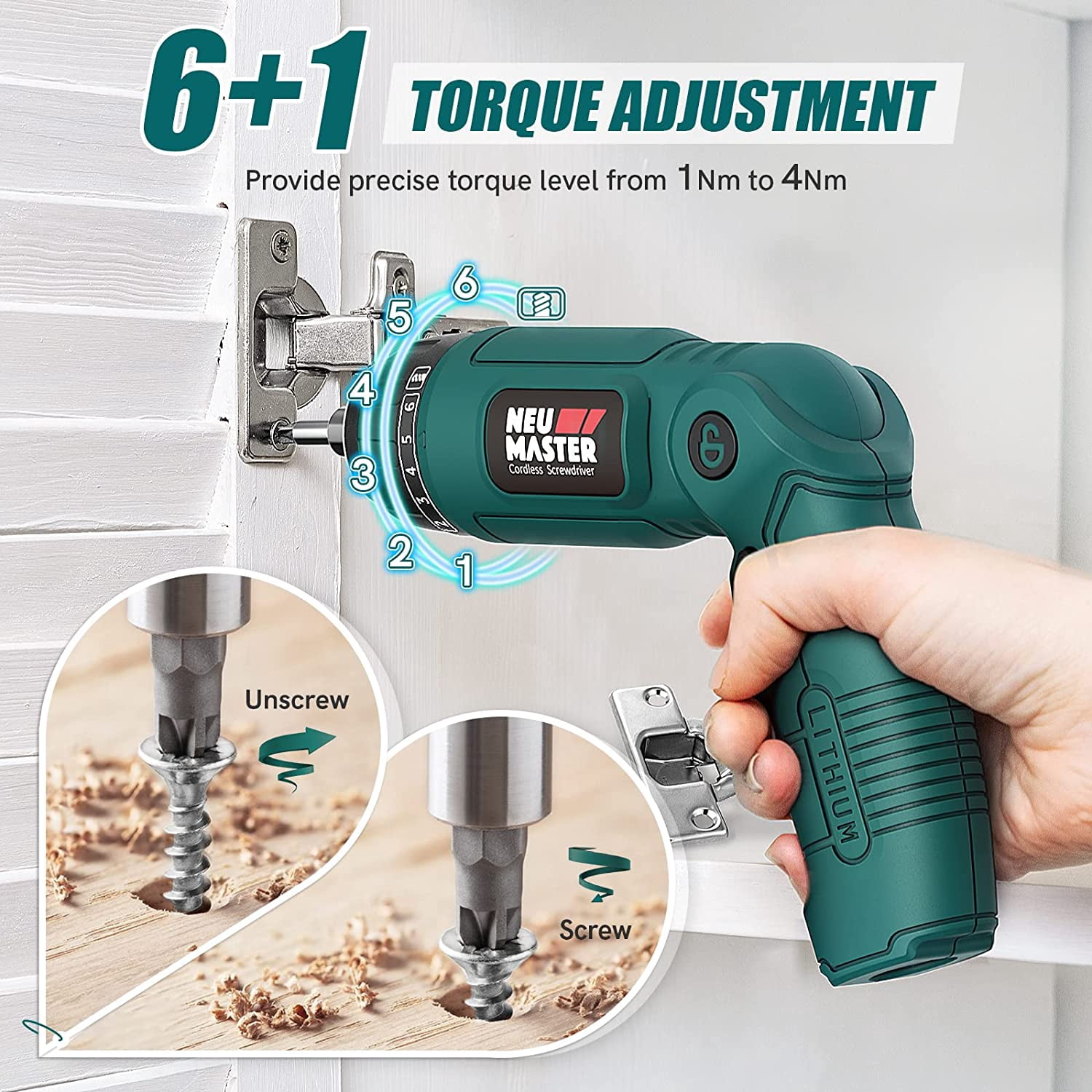 NEU MASTER 4V Cordless Electric Screwdriver, 6+1 Torque, 32pc Bits, Pivoting Handle & Dual LED Lights , Rechargeable 2000mAh Battery for Home DIY & Professional Use