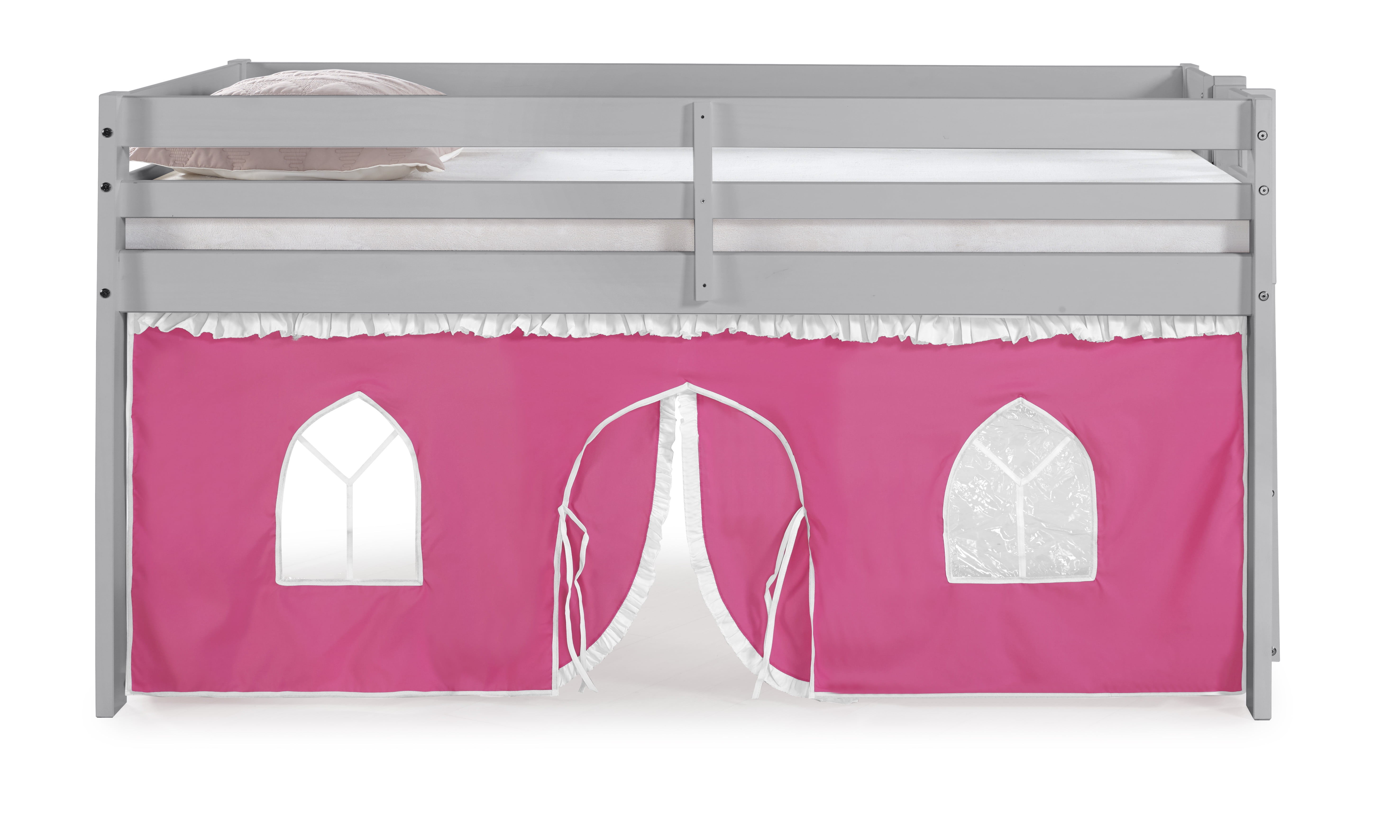 Alaterre Furniture Jasper Twin Junior Loft Bed, Dove Gray Frame and Pink/White Bottom Playhouse Tent