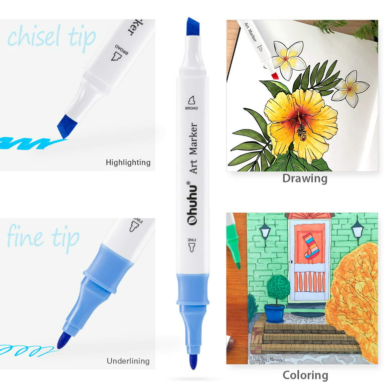 Ohuhu Alcohol Markers, Double Tipped Art Markers for Kids, Adults Coloring Illustrations, Alcohol-Based Ink, 40 Unique Colors + 1 Blender + 1 Marker