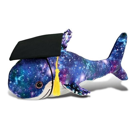DolliBu Shark – Space Sequin Graduation Plush Toy - Soft Plush Graduation Stuffed Animal Dress Up with a Graduation Cap with Tassel Outfit - Graduation Gift - 12 Inch