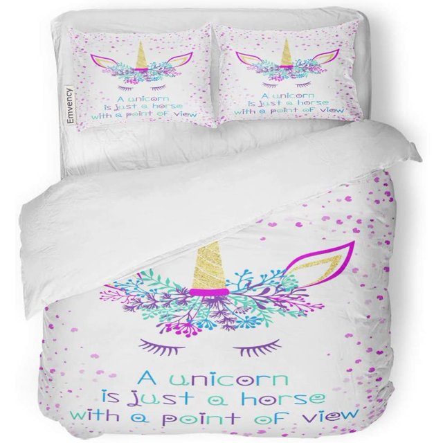 ABPHQTO Juego de ropa de cama de 3 piezas Cuerno de unicornio en corona floral Tiara Cuento de hadas Cabeza de meme Corazones voladores es solo Cita de punto de vista de caballo Funda nórdica