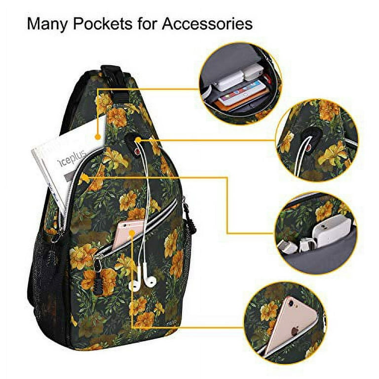 Mosiso Polyester Sling Bag Backpack Travel Hiking Outdoor Sport Crossbody  Shoulder Bag Multipurpose Daypack for Women Men, Black Chrysanthemum