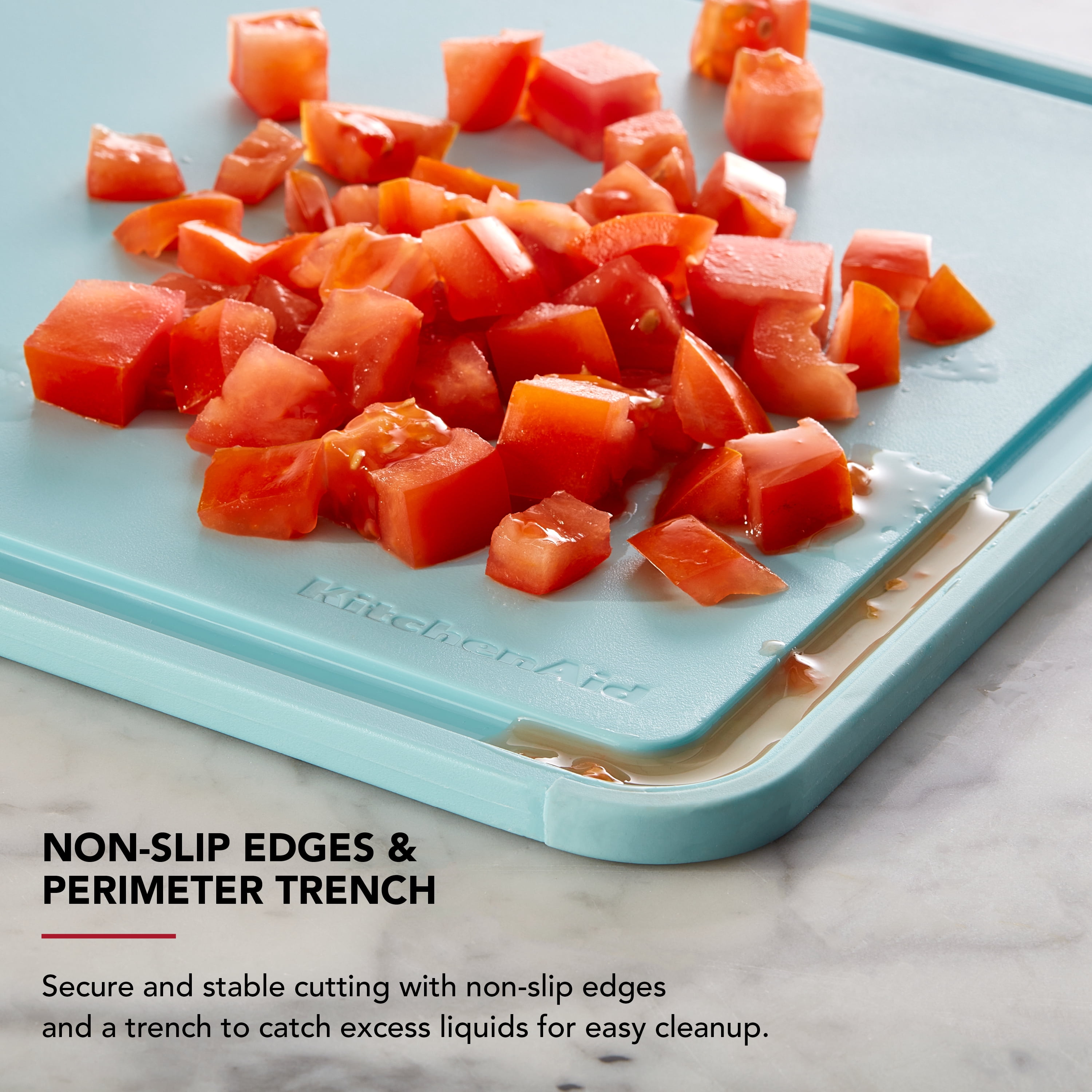 KitchenAid Classic Plastic Cutting Board with Trench, Non-Slip Edges, Dishwasher Safe, 11x14, Mineral Water