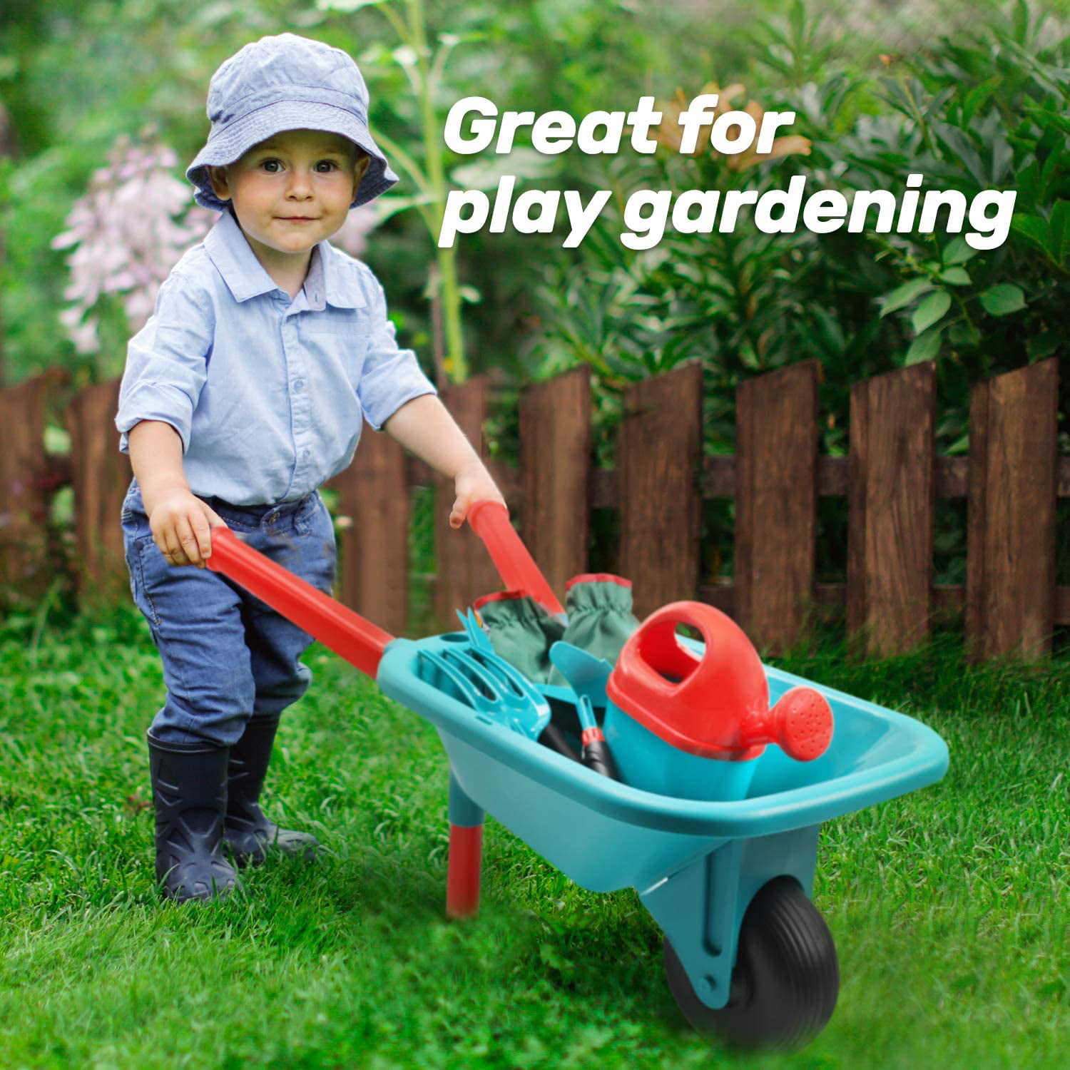 Watering Cans Hoe and Trowel Pretend Cleaning Gardening Trolley Rake Shovel Blue Garden Play Set shamoluotuo Potted Plants and Tool Trolley Kids Gardening Set with Flower Pots