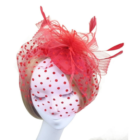 Tocado de novia estilo retro con malla de jaula de pájaro y velo facial (rojo)