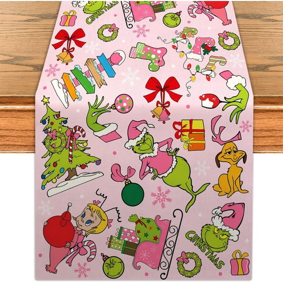 Pink Christmas Table Runner Navidad Kitchen Dining Table Centerpiece Winter Xmas Decor Merry Christmas Decorations for Home-71 Inches Long