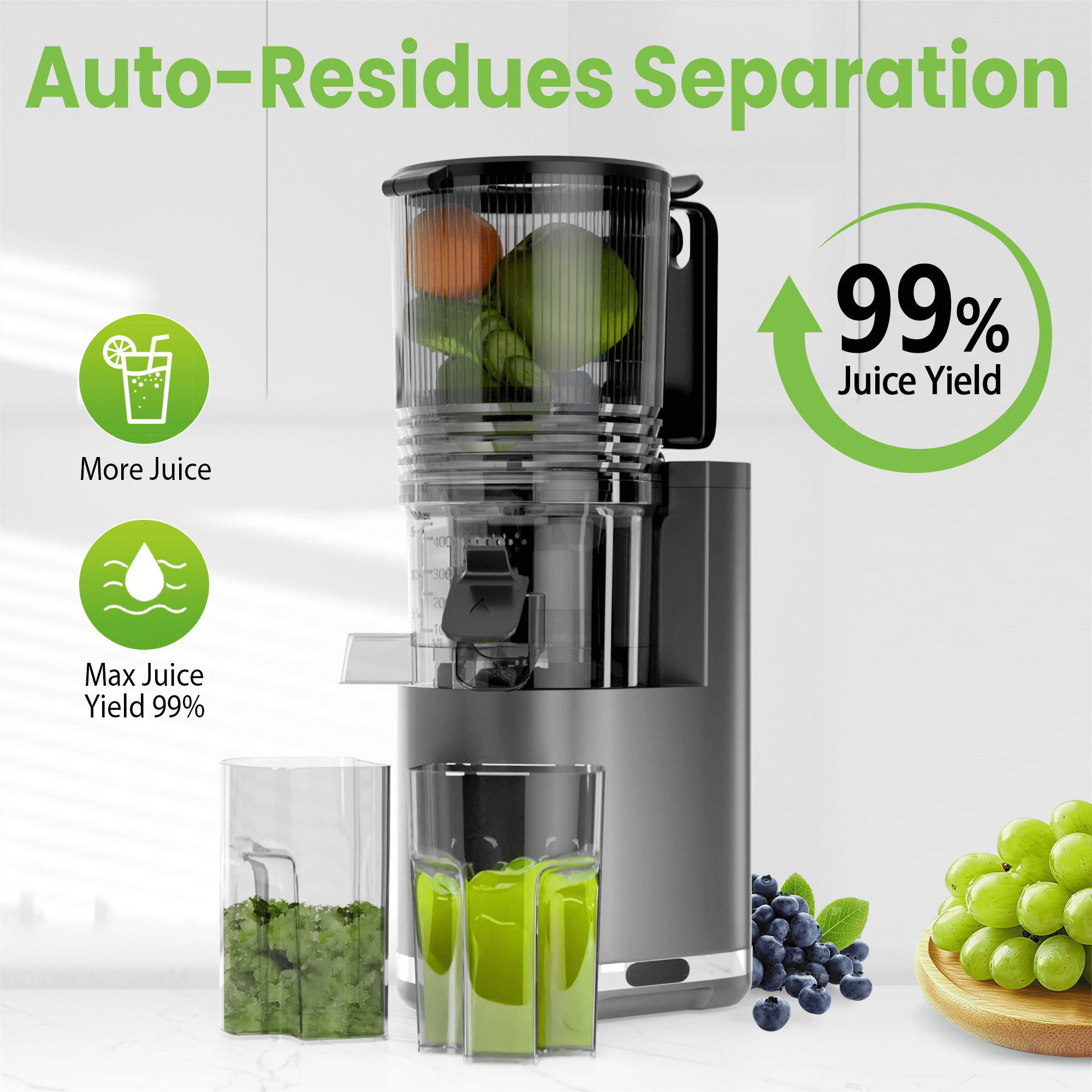Cofiyard Cold Press Juicer, 6.5" Extra Large Feed Chute Juicer Machines, 350W Slow Masticating Juicer Machines with High Juice Yield for Whole Vegetables & Fruits, BPA Free, Gray, Easy to Clean