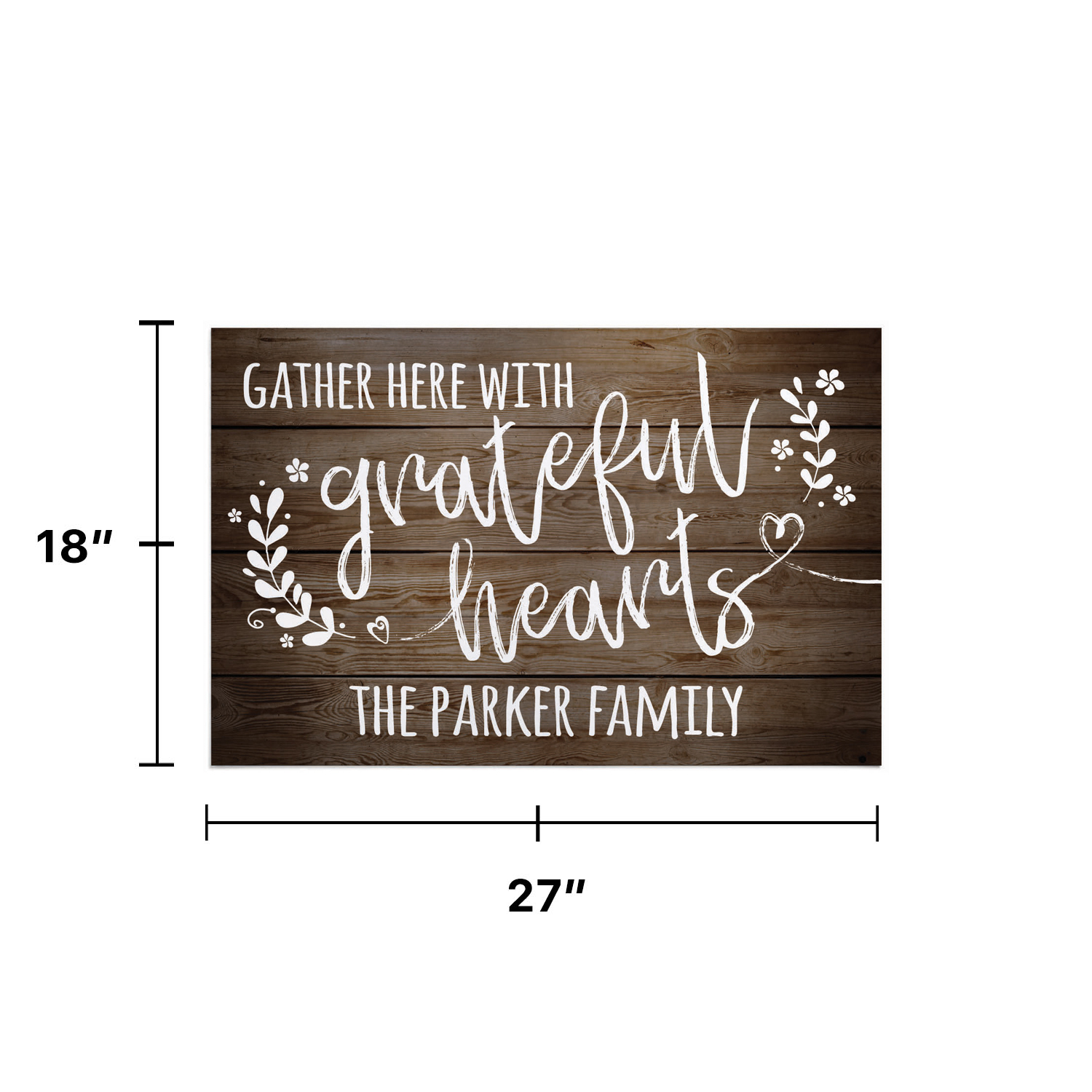 Personalized Planet 27x18 Gather Here With Grateful Hearts Doormat with Custom Family Name Printed on Brown Rectangular 1/8” Thick Non Slip Mat for Kitchen Hallway Deck or Porch