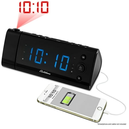 Electrohome Usb Charging Alarm Clock Radio With Time Projection Battery Backup Auto Set Dual 1 2 Led Display For Smartphones Tablets