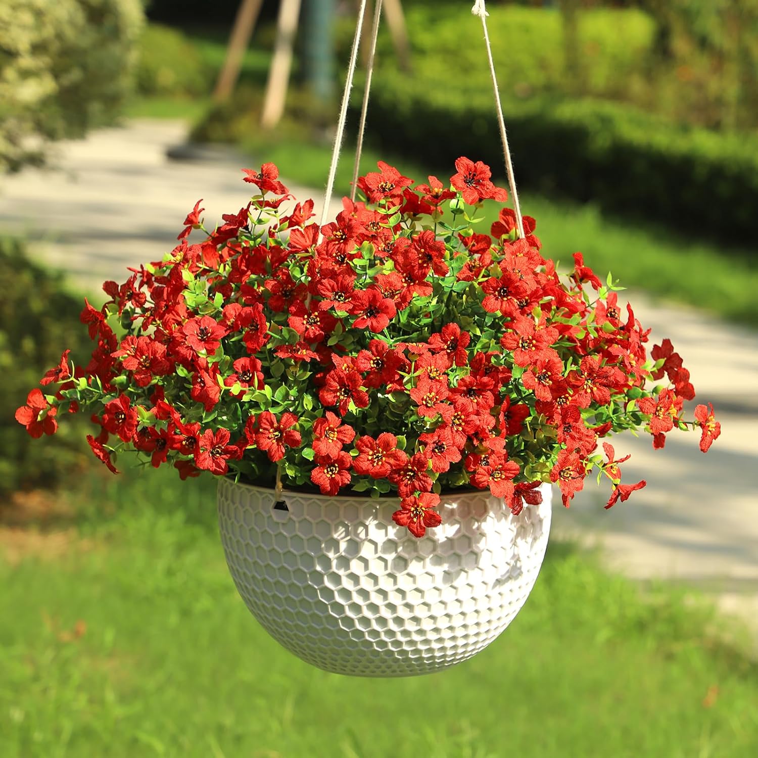 Artificial Flowers for Outdoors Plants Fake Plants Uv Resistant Faux Plastic Daffodils Flower Greenery Boxwood for Spring Planters Outdoor Front Porch Garden Porch Patio Decoration (Red)