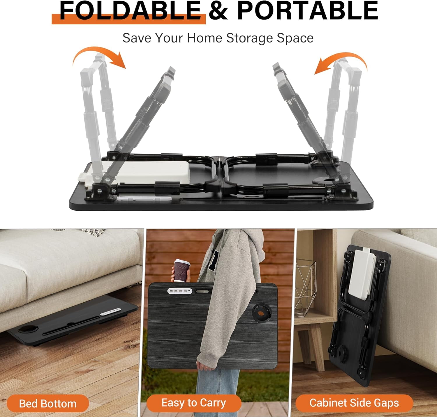 Laptop Desk for Bed Height Adjustable, Lap Bed Table with USB/Storage Drawer/Cup Holder/Tablet Stand/Book Shelf, Foldable Breakfast Tray Portable for Reading Writing, Bed, Sofa & Floor, Black