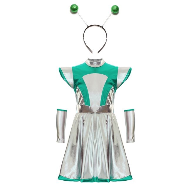 TTAO Tenue Alien pour Filles, Robe en Tulle Espace avec Manches et Cerceau, Ensemble de Fête, Vert 6