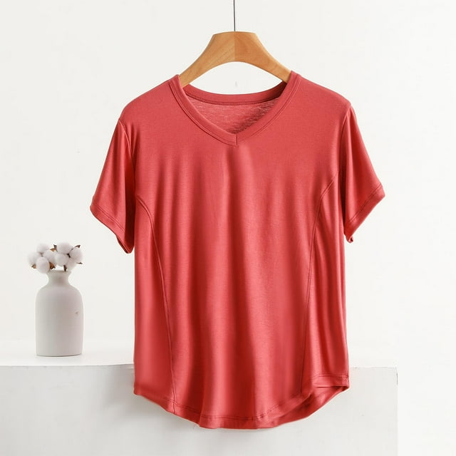 Pijama de manga corta para mujer, color liso, manga corta, camiseta fina, pijama de manga corta, blusa de poliéster