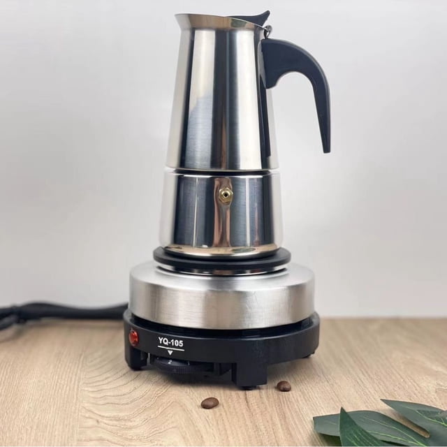 European-Style Stainless Steel Coffee Maker Set: 9-Cup Espresso & Moka Pot with 220V Electric Stove – Compact, Rust-Resistant, Easy-to-Clean Kitchen Appliance for Rich Coffee & Milk Heating