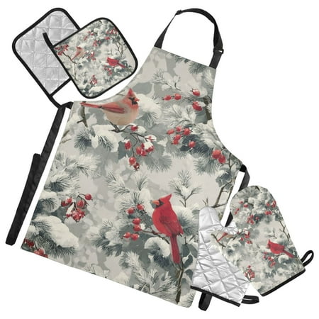 Red Bird Snow Tree Christmas Vintage Apron Set with Oven Mitts Pot Holders Set of 5 Kitchen Stuff Accessories