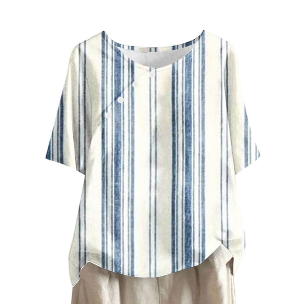 Tops de Lino para Mujeres Imprimir Suéter Cuello Redondo Manga Corta Superior Poliéster, Blusa de Moda Casual para la Primavera Y el Verano