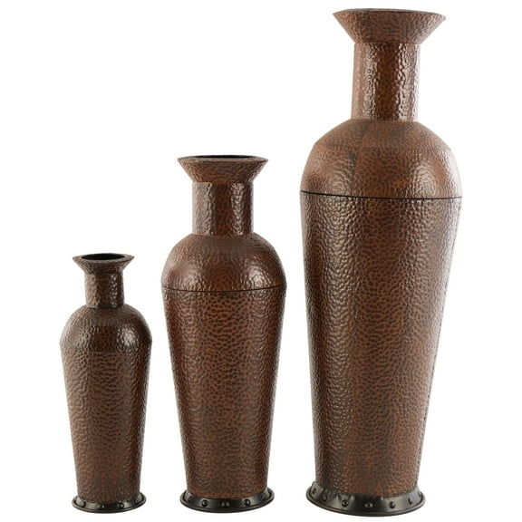 DecMode 50", 35", 26"H Indoor Outdoor Tall Floor Bottleneck Dark Brown Metal Vase with Bubble Texture and Studs, Set of 3