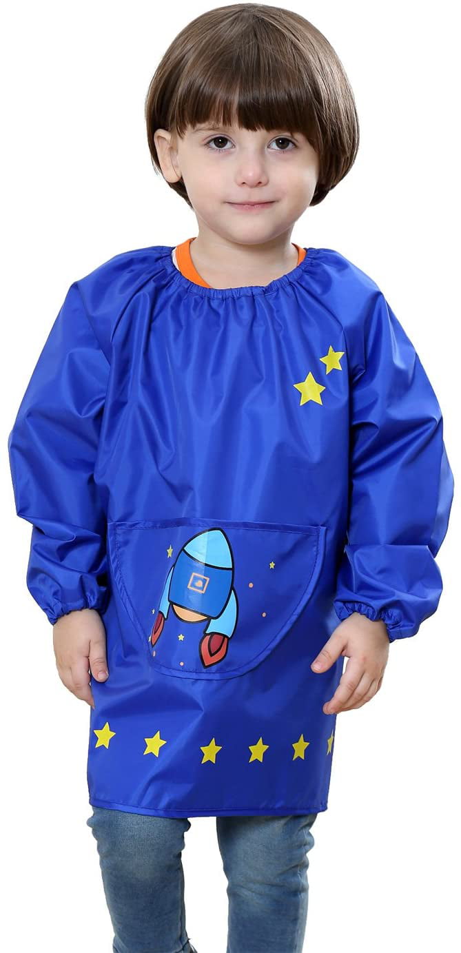 Children Waterproof Artist Painting Aprons with Pocket Long Sleeve with Cute Rocket Printing Kids Thin Art Smock Blue 2-4 T