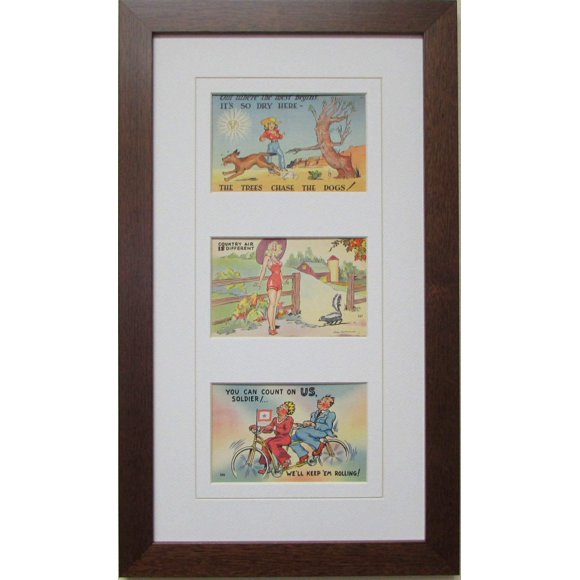 Post Card Frame for Three (3) 3.5" X 5.5" Post Cards Walnut Frame with White (White Trim) Matting