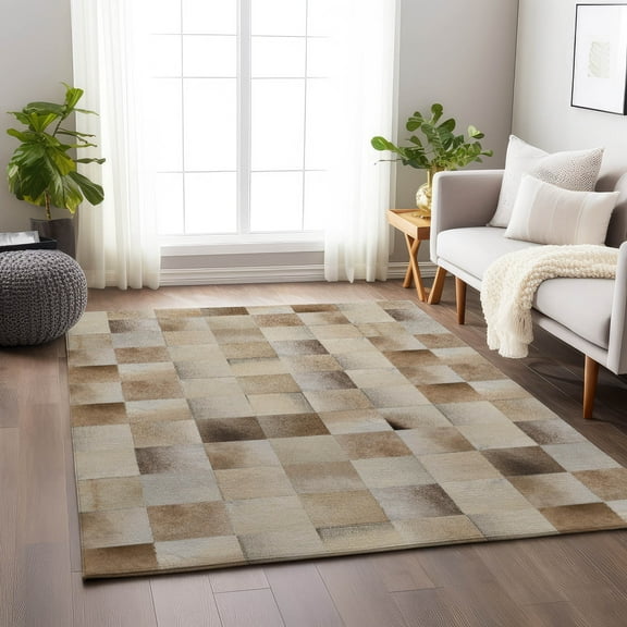 Addison Rugs Mayfield Washable Cowhide Boxes Taupe Rectangle Rug, 10' x 14'