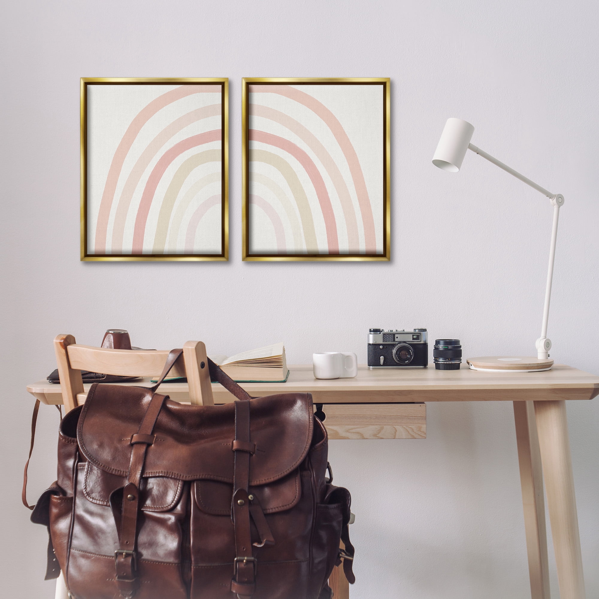 Stupell Industries Children's Soft Pastel Rainbow Shape Landscape Painting Gold Floater Framed Canvas Art Print Wall Art, 17 x 21, Set of 2