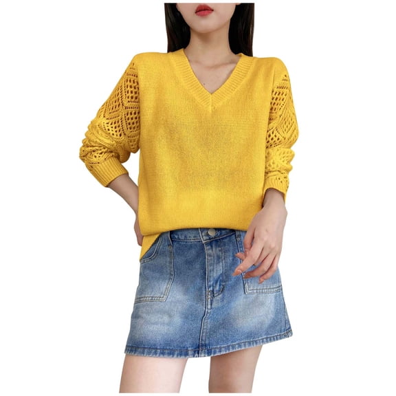 Ediodpoh Women Long Sleeve Pullover Sweaters Casual Fall V Neck Knitted Sweaters for Women Lightweight with Hollow Design Gold L