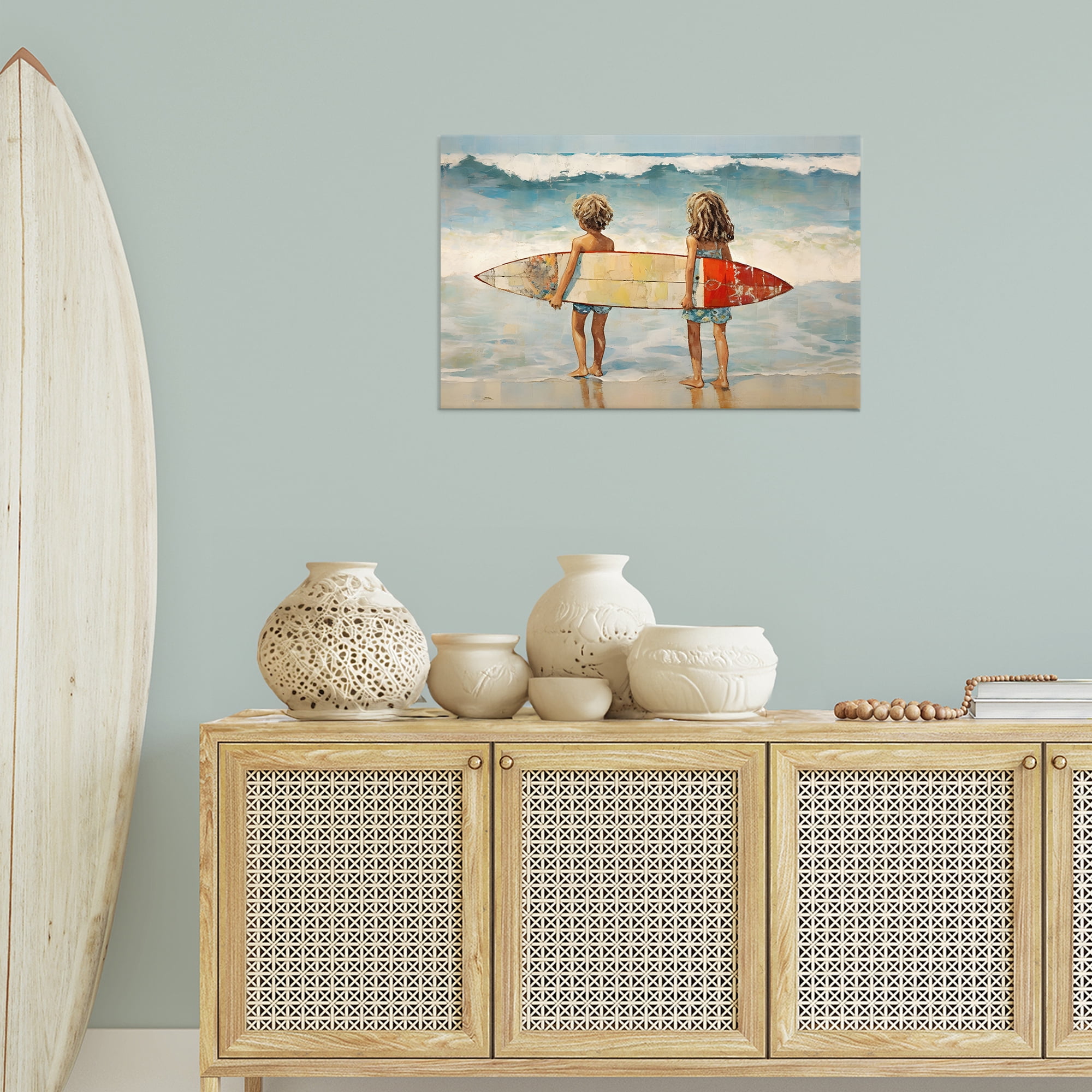 Stupell Industries Kids with Surf Waves People Painting Wrapped Canvas Art Print Wall Art, 30 x 20