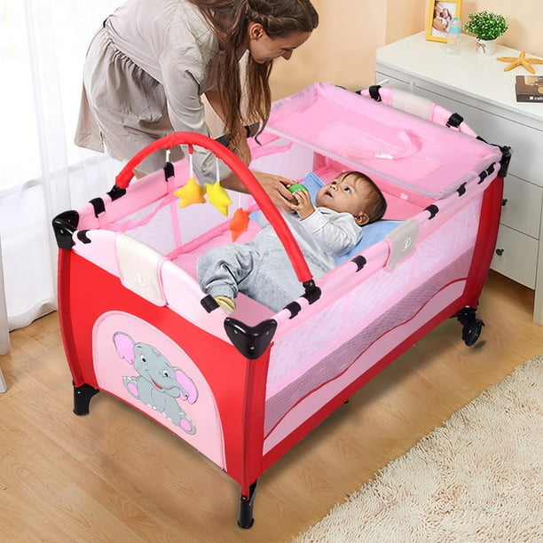 Goplus Pink Baby Crib Playpen Playard Pack Travel Infant Bassinet