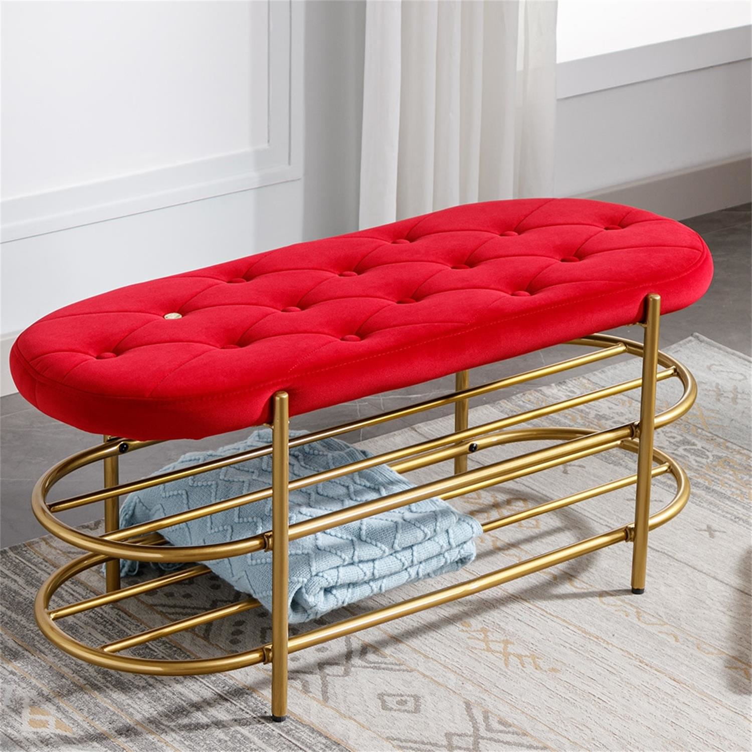 Kadyn Upholstered Velvet Beach, End of Bed Bench with 2 Shelf, Storage