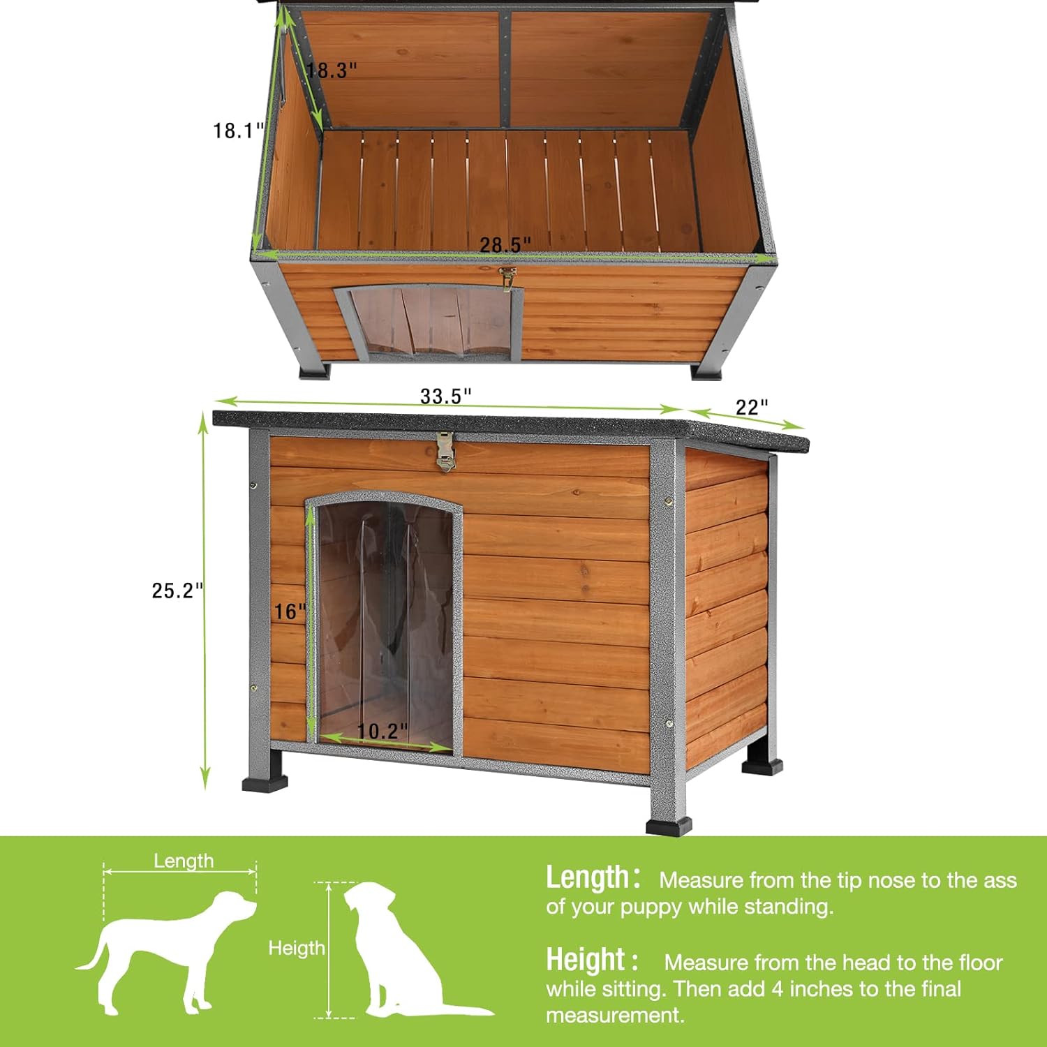 Aivituvin Chew Proof Dog House with Metal Iron Frame Outdoor Dog Kennel for Small Medium Large Indoor Dog Cage (33.5" L,Brown Color)