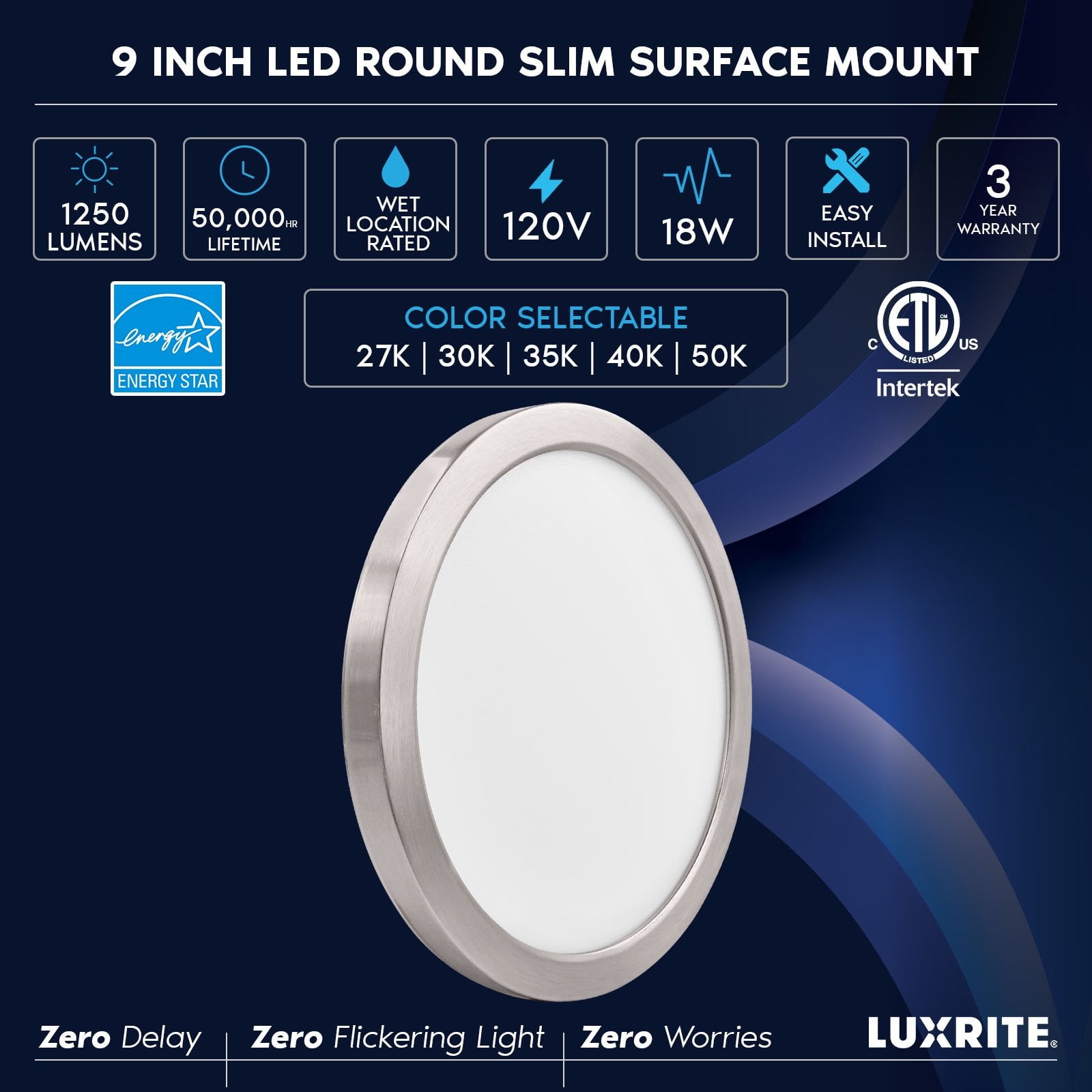 Luxrite 9 Inch LED Flush Mount Ceiling Light, 18W 1250LM, 5CCT, Dimmable, ETL, Brushed Nickel 2-Pack