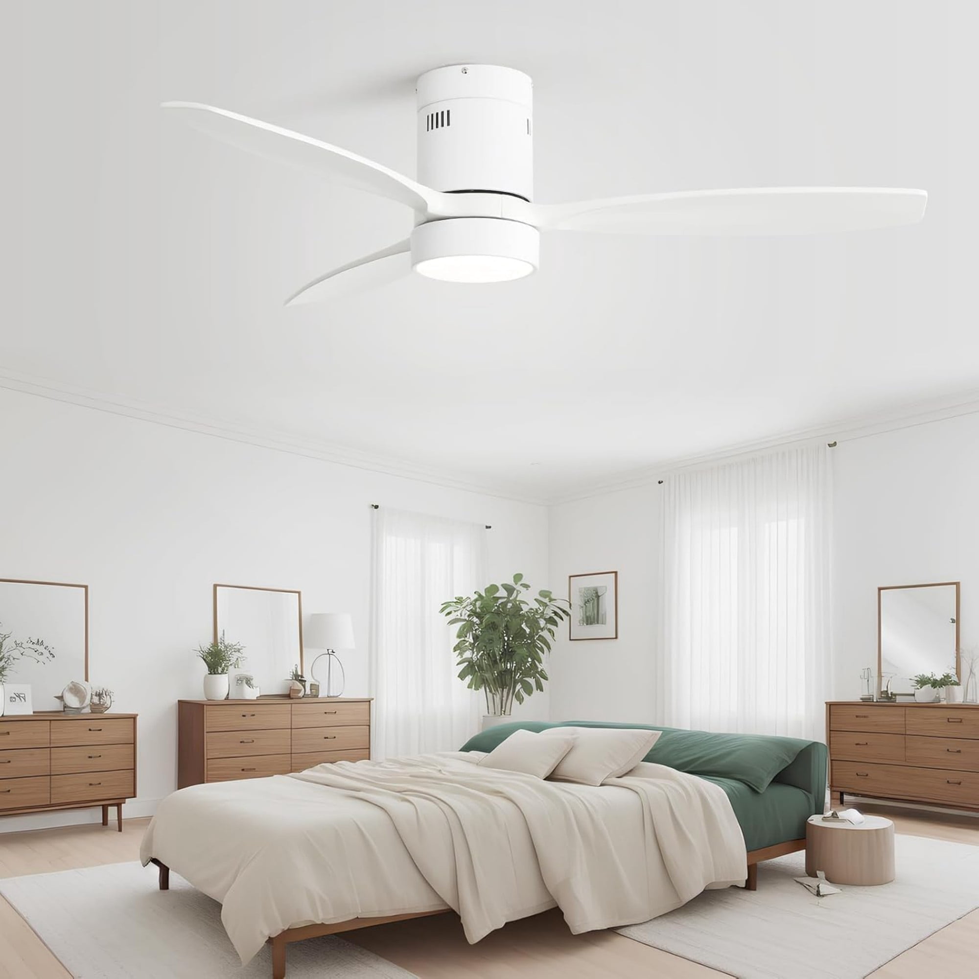 Sofucor 52 inch Wood Low Profile White Ceiling Fans with Lights and Remote, Modern Flush Mount Quiet Ceiling Fan for Bedroom, Reversible DC Moto