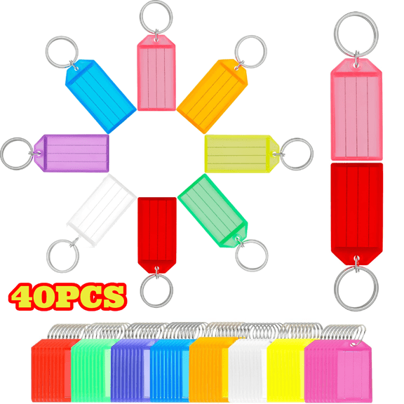 40pcs Key Tags with Labels, Plastic Key Chain Tags with Ruled Blank Paper Labels, Transparent Covers and Split Rings
