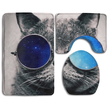 GOHAO Kitty Cat Galaxy Sunglasses 3 Piece Bathroom Rugs Set Bath Rug Contour Mat and Toilet Lid Cover