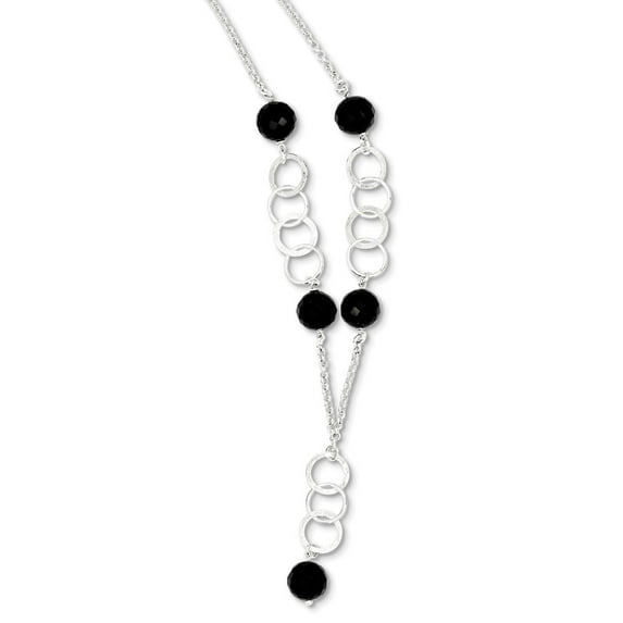 White Sterling Silver necklace Fancy 18 in 11 mm & Black Bead Polished Textured Drop