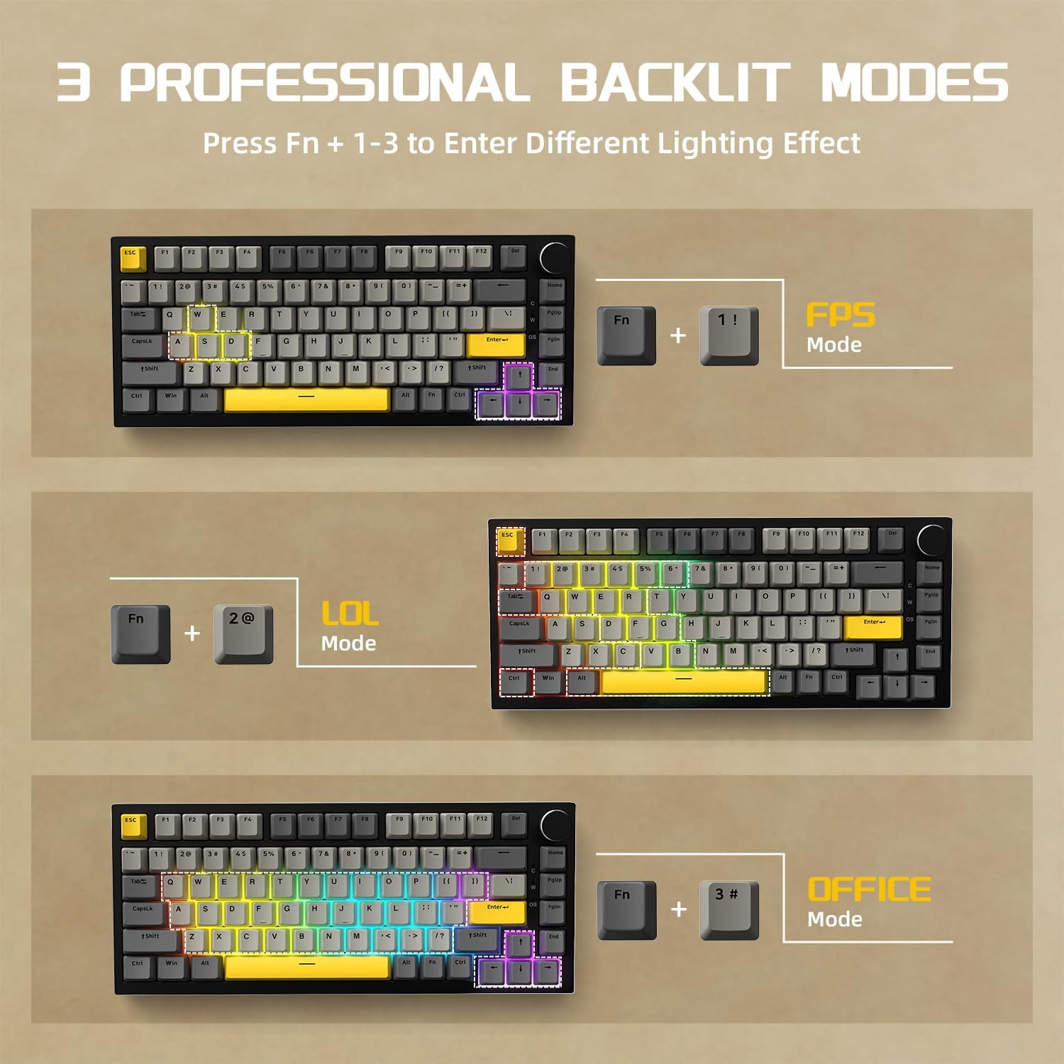 AJAZZ AK820 75% Wired RGB Hot Swap Mechanical Keyboard with CNC Volume Knob,Poron Foam Gasket Mounted,South Facing LED,OME Profile PBT Keycap-RGB Light,NKRO,Yellow Linear Switch Switch(Gray Orange)