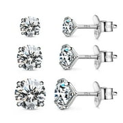 3 Pair-Pack White Gold-Plated Solid 925 Silver Stud Earrings,Set in Cubic Zirconia 4mm,5mm,6mm
