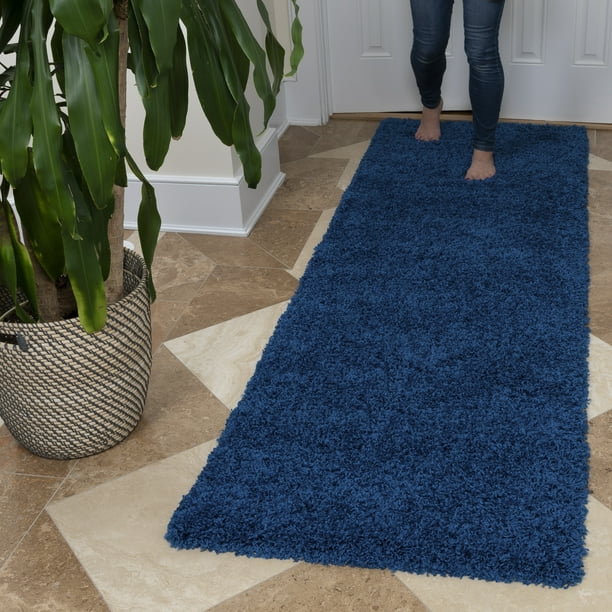 Ottomanson Ultimate Shaggy Contemporary Solid Runner Rug, Navy Blue, 2