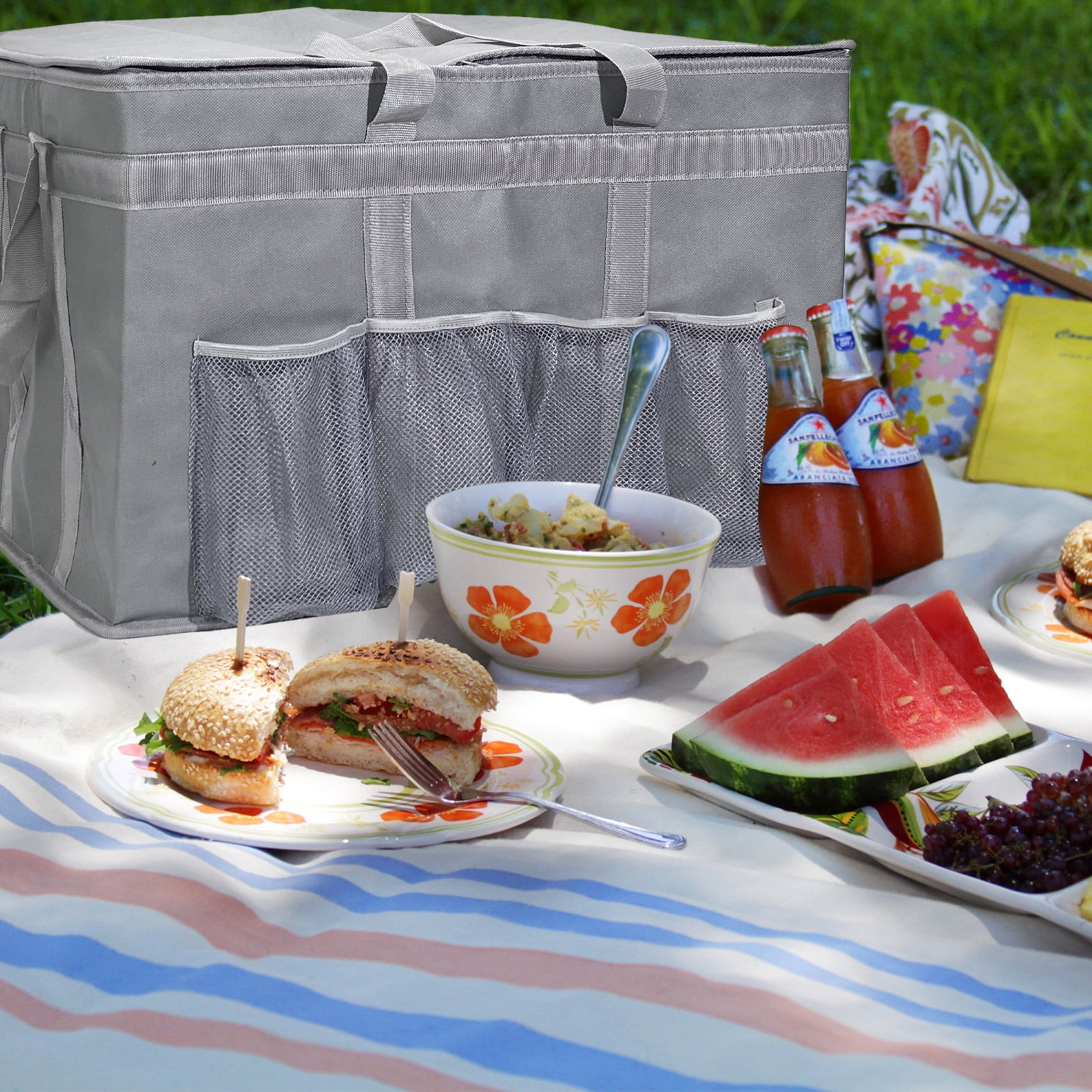 XXXL Large Insulated Collapsible Cooler Bags with Zipper Closure, Reusable Grocery Shopping Bags Keep Food Hot or Cold,Ideal for Catering,Grocery Transport，Grey colow with Cup Holder
