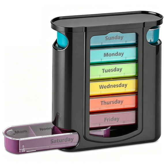 Weekly Pill Organizer, 1 Dispenser, 7 Stackable Compartments Four Times-a-Day - Morning, Noon, Evening, and Bedtime, Black