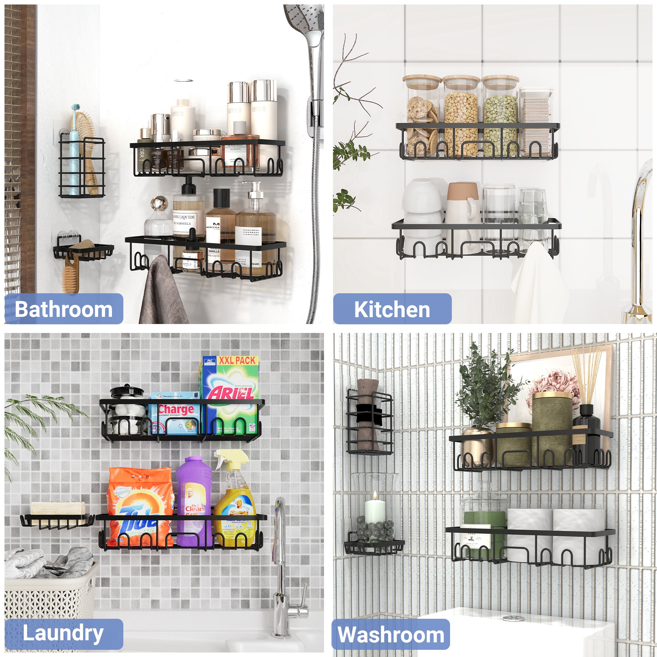 GARITIN 6-Pack Shower Caddy, No Drilling Adhesive Shelves Rack with Soap Holder, Shower Shelves, Bathroom Organizers & Storage, Wall-Mounted Kitchen & Home Decor