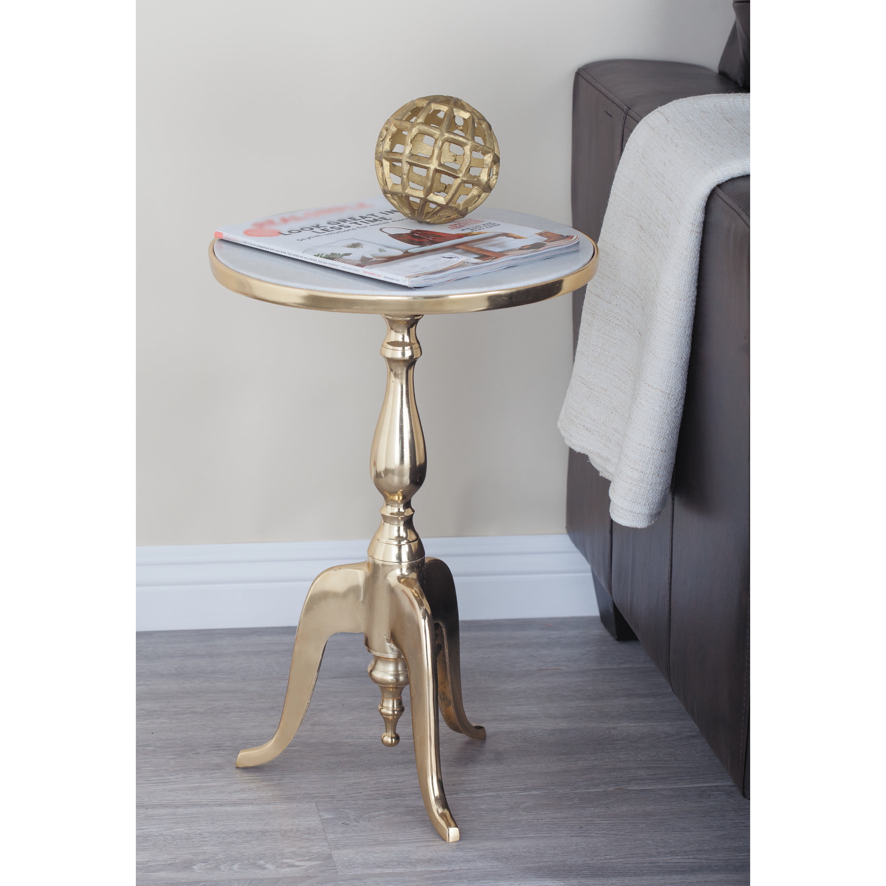 DecMode Elegant Gold Traditional Accent Table with Marble Top and Curved Leg Stand, 15"W x 22"H
